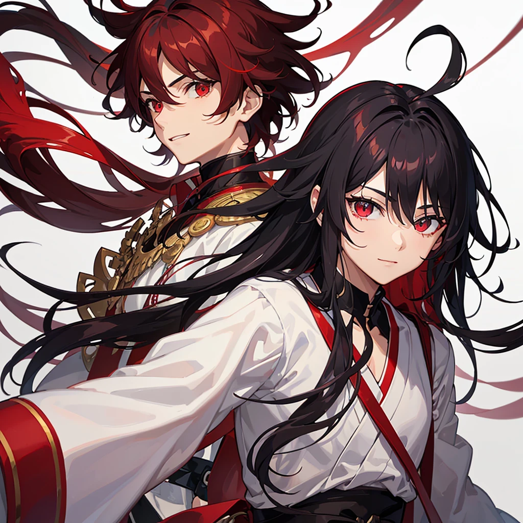 (high-quality, breathtaking),(expressive eyes, perfect face) 1boy, male, solo, adult, black hair, red streaks in hair, red highlights, fire red eyes, soft wavy hair, short hair length, soft smile, spiky hair, fluffy hair, spiked up hair, white japanese clothes, white gi, confident smile, age 1o