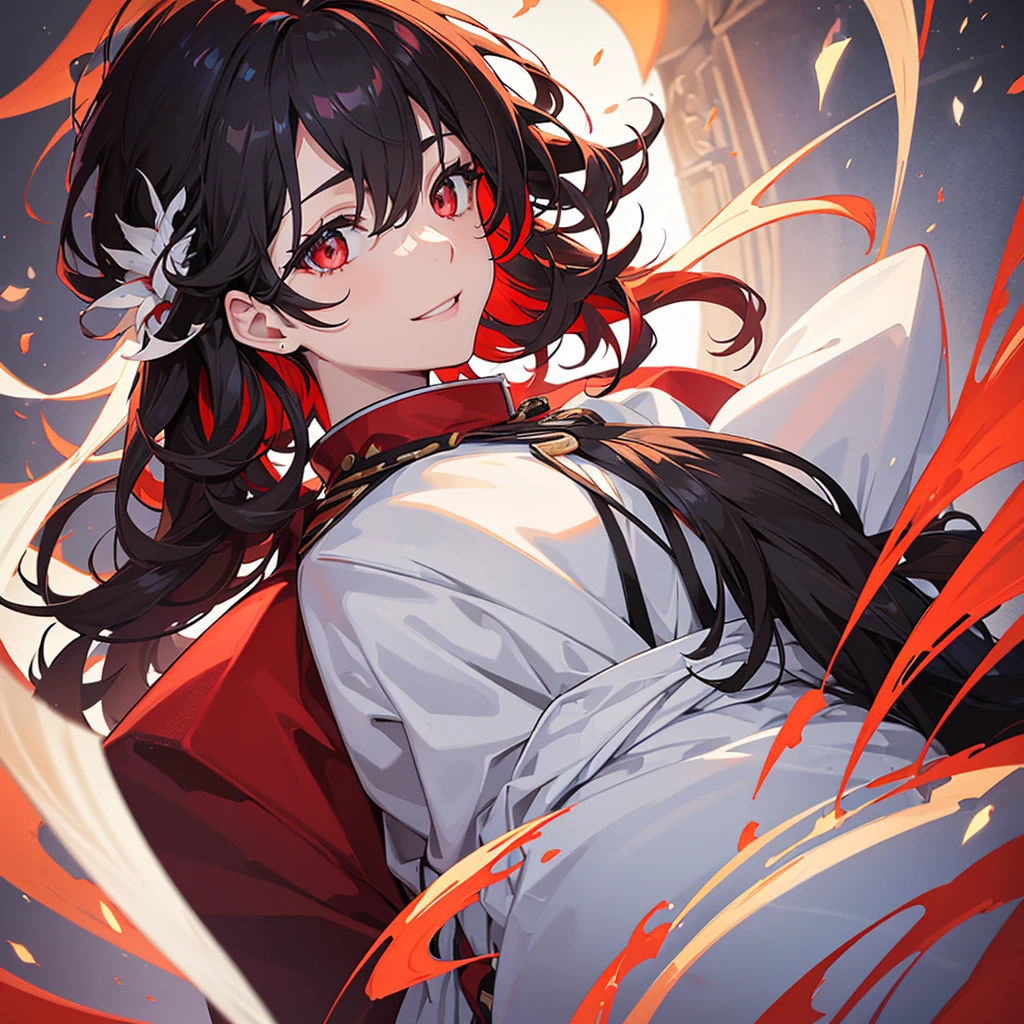 (high-quality, breathtaking),(expressive eyes, perfect face) 1boy, male, solo, young adult, black hair, red streaks in hair, red highlights, fire red eyes, soft wavy hair, short hair length, soft smile, spiky hair, fluffy hair, spiked up hair, white japanese clothes, white gi, confident smile, age 17, solo