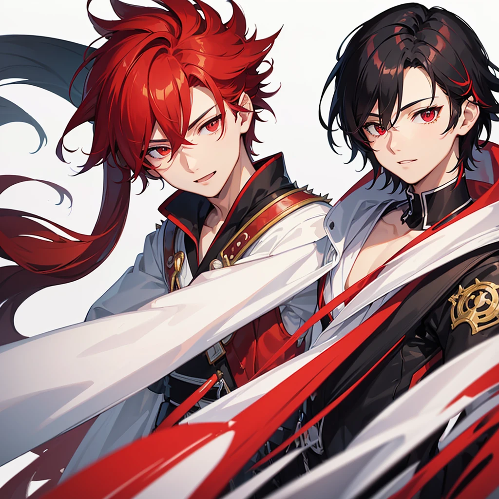 (high-quality, breathtaking),(expressive eyes, perfect face) 1boy, male, solo, young adult, black hair, red streaks in hair, red highlights, fire red eyes, soft wavy hair, short hair length, soft smile, spiky hair, fluffy hair, spiked up hair, white japanese clothes, white gi, confident smile, age 17, solo