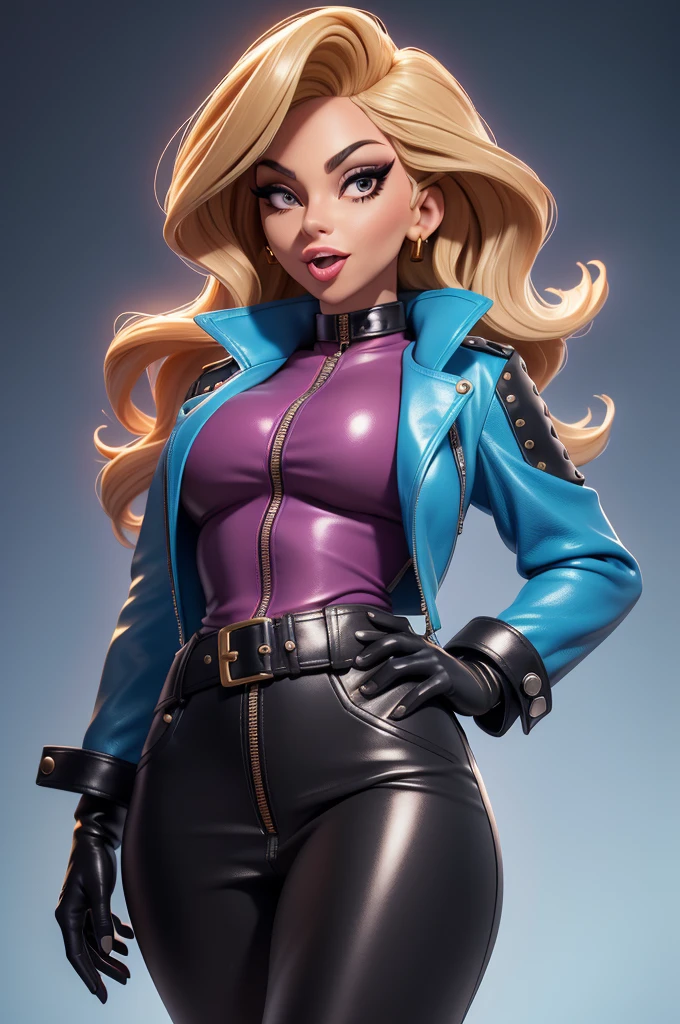 obra prima, melhor qualidade, ((only one woman,)) ((lady gaga, tan skin, wavy bob hair, open mouth,)) head back, (sassy wicked sultry sneer, big teeth smile,) open mouth, pucker mouth, sunglasses, ((thick smoky black eye shadow, long fake eyelashes, sticking tongue out,)) (magenta leather jacket with puff shoulder,) biker jacket has stiff collar, leather blouse, (cerulean blue leather sweater dress, metallic leather sun dress, leather culottes,) ((periwinkle blazer length leather coat,)) (gold pvc skirt, pockets, unzipped front,) studs zippers snaps, shiny leather gloves, nip slip, body is skinny, shiny tight buttocks, arched back, camera view of whole body, looking up at me, shallow depth of field, highres, HD, 8k, anatomically correct