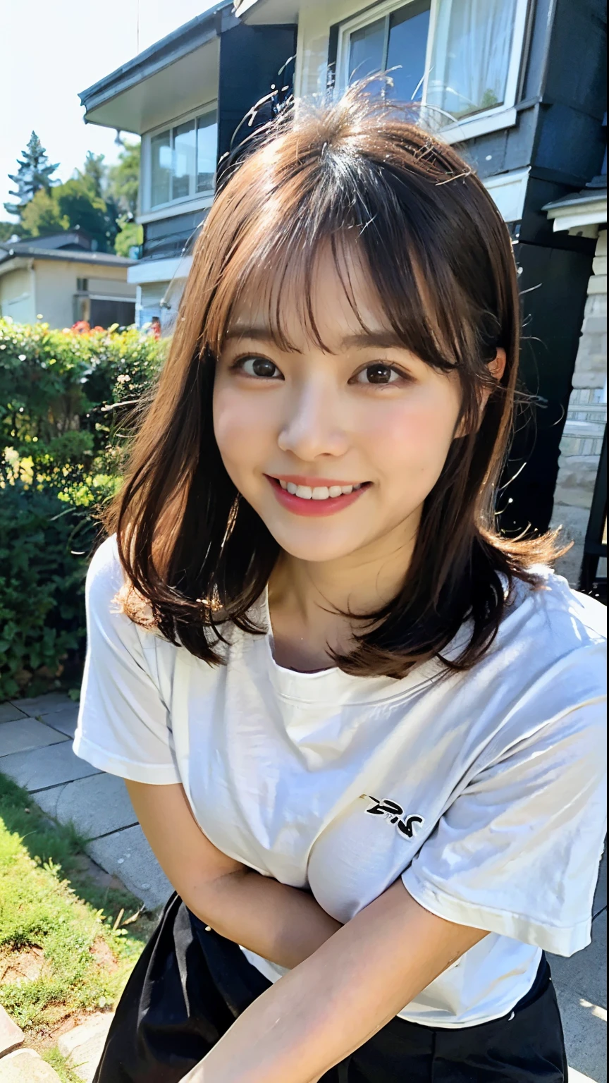 (Highest quality、8K、32k、masterpiece、Hmph:1.2)、Cute Japanese Married Women Photos、Laughter、Beautiful Face、(Leaning forward:1.3)、Squat、(From above:1.2)、(close:1.4)、throw、Loose fitting T-shirt、Big and ample breasts、(Beautiful breasts:0.9)、Outside the house、Wind、Shiny skin、Blurred Background、