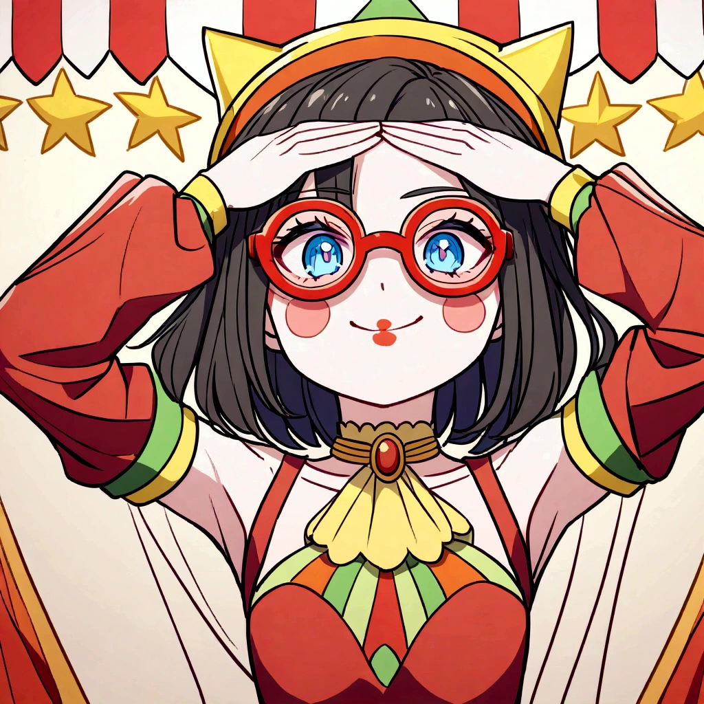 she joins the circus as a clown
 - The character has black hair and light blue eyes.
 - They are wearing a red dress with black inserts.
 - They have long sleeves and stockings that match the dress.
 - The character wears large star-shaped glasses on top of his head
 she has two beautiful lines, it looks like a clown's makeup