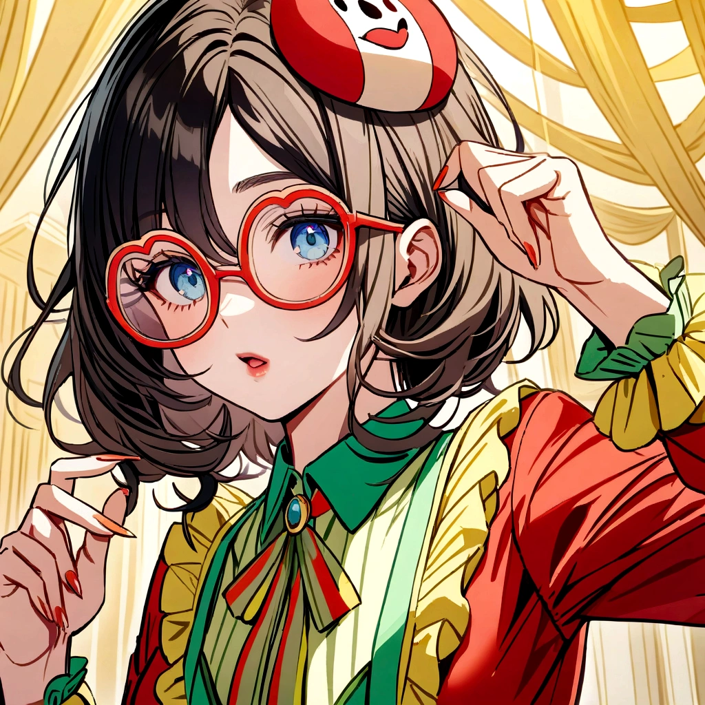 she joins the circus as a clown
- The character has black hair and light blue eyes.
- They are wearing a red dress with black inserts.
- They have long sleeves and stockings that match the dress.
- The character wears large star-shaped glasses on top of his head
she has two beautiful lines, it looks like a clown's makeup