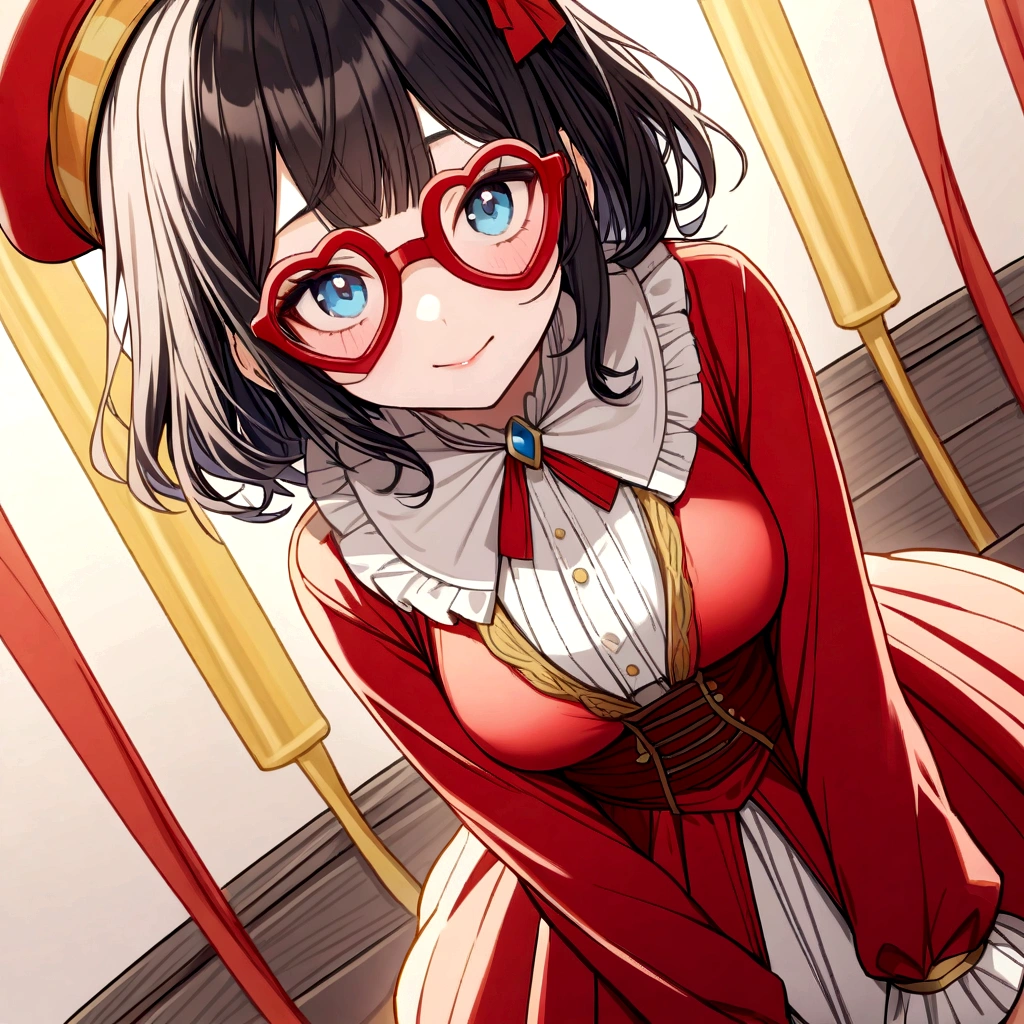 she joins the circus as a clown
- The character has black hair and light blue eyes.
- They are wearing a red dress with black inserts.
- They have long sleeves and stockings that match the dress.
- The character wears large star-shaped glasses on top of his head
she has two beautiful lines, it looks like a clown's makeup