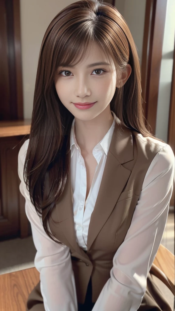 Tabletop, Highest quality, Realistic, Super detailed, In detail, High resolution, 8k wallpaper, One beautiful woman,, Light brown messy hair, Wearing a business suit, Sharp focus, Perfect dynamic composition, Beautiful attention to detail, Fine hair, Detailed and realistic skin texture, smile, Close-up portrait, Model Body Type