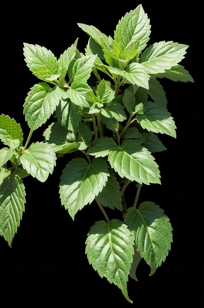 Close up of many apple mint plants，Multiple leaves, Mint leaves, black background，Backlit shooting，Overhead angle，Shot with Canon EOA 6 D Mark II