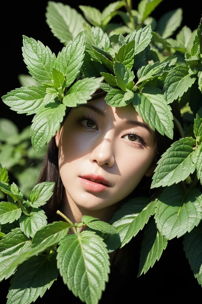 Close up of many apple mint plants,Multiple leaves, Mint leaves, black background,Backlit shooting,Overhead angle,Shot with Canon EOA 6 D Mark II