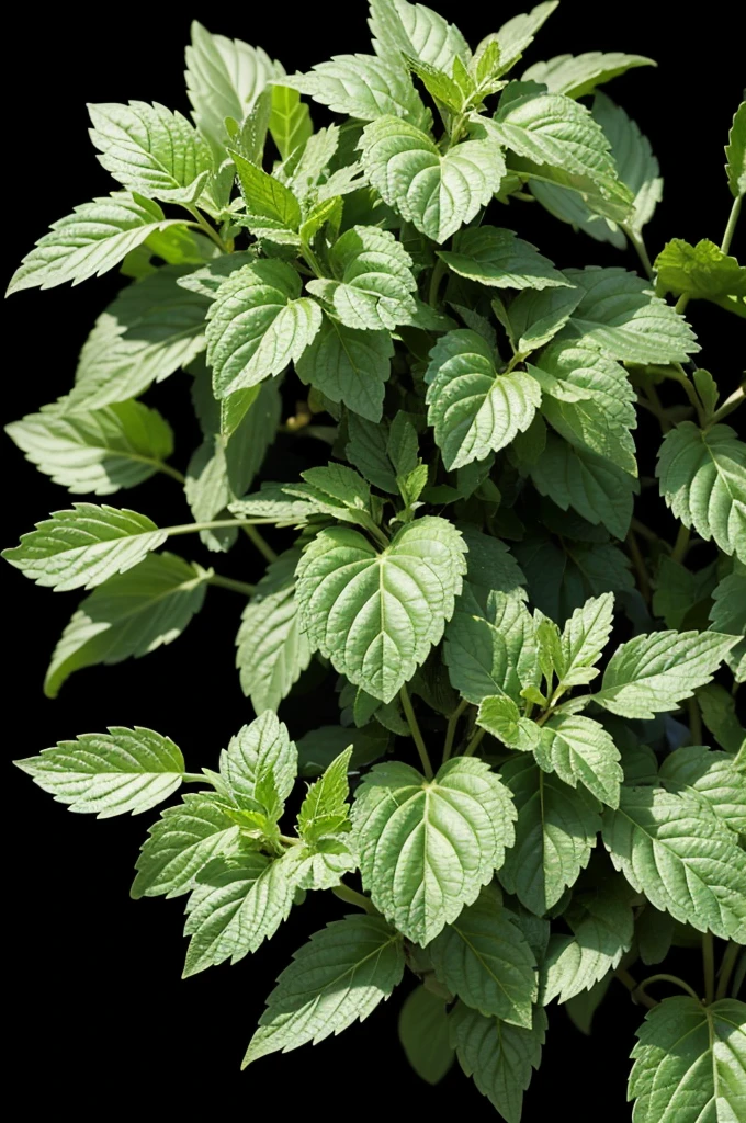Close up of many apple mint plants,Multiple leaves, Mint leaves, black background,Backlit shooting,Overhead angle,Shot with Canon EOA 6 D Mark II
