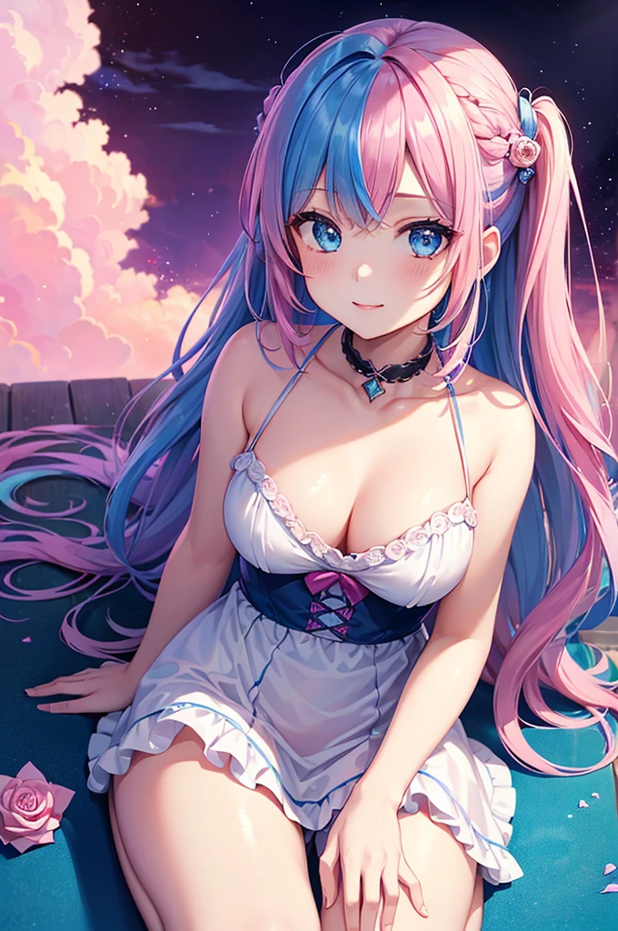 ((Highest quality, Tabletop)), ((Style - Swirl Magic):0.75)
One Girl,(((masterpiece)))、((超detailedな、Highest quality、High resolution、Cinema Lighting))、whole body、From above、whole bodyショット (1 girl)(Rainbow Hair、Colorful Hair、Half Blue、Half pink hair:1.2)(Both sides up)(Green Eyes)、eye shadow、eyeliner、Glowing Eyes、Hyper Detail Eye、Complex eyes、Beautiful Eyes、((Sparkling blue eyes))18-year-old girl、A seductive smile、detailed, Crimson Light, detailed background, Pink rose field, White sundress, Scary Clouds, Light Particles, sitting on roses,((Unusual hairstyle)),Unbelievable hairstyle