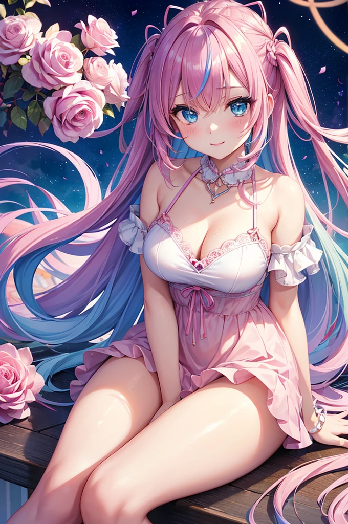 ((Highest quality, Tabletop)), ((Style - Swirl Magic):0.75)
One Girl,(((masterpiece)))、((超detailedな、Highest quality、High resolution、Cinema Lighting))、whole body、From above、whole bodyショット (1 girl)(Rainbow Hair、Colorful Hair、Half Blue、Half pink hair:1.2)(Both sides up)(Green Eyes)、eye shadow、eyeliner、Glowing Eyes、Hyper Detail Eye、Complex eyes、Beautiful Eyes、((Sparkling blue eyes))18-year-old girl、A seductive smile、detailed, Crimson Light, detailed background, Pink rose field, White sundress, Scary Clouds, Light Particles, sitting on roses,((Unusual hairstyle)),Unbelievable hairstyle