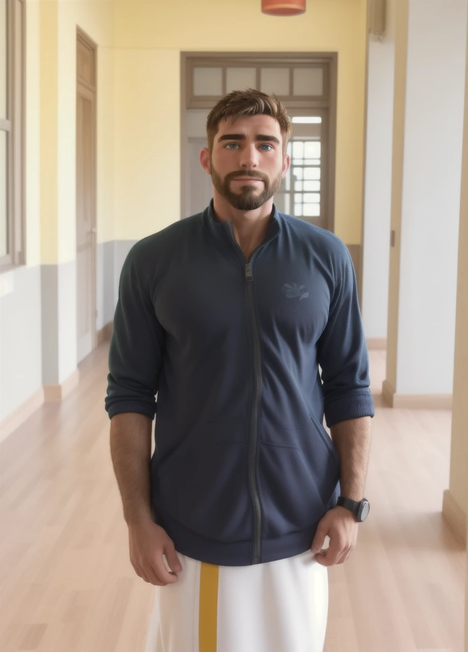 photo of muscular bearded (man) in a worn ((skin-revealing skimpy erotic green tracksuit, massive hairy pecs)), big pecs, big arms, large bulge, ((light bokeh)), intricate, (steel metal [rust]), elegant, erotic, exuding sexual energy, homoerotic, sharp focus, photo by greg rutkowski, soft lighting, vibrant colors, (masterpiece), ((streets)), (detailed face), night