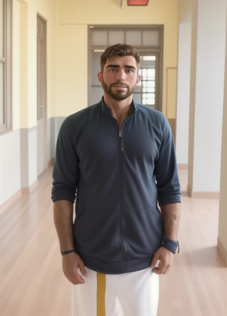 photo of muscular bearded (man) in a worn ((skin-revealing skimpy erotic green tracksuit, massive hairy pecs)), big pecs, big arms, large bulge, ((light bokeh)), intricate, (steel metal [rust]), elegant, erotic, exuding sexual energy, homoerotic, sharp focus, photo by greg rutkowski, soft lighting, vibrant colors, (masterpiece), ((streets)), (detailed face), night