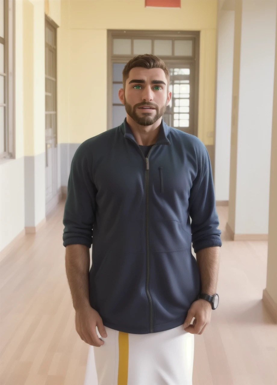 photo of muscular bearded (man) in a worn ((skin-revealing skimpy erotic green tracksuit, massive hairy pecs)), big pecs, big arms, large bulge, ((light bokeh)), intricate, (steel metal [rust]), elegant, erotic, exuding sexual energy, homoerotic, sharp focus, photo by greg rutkowski, soft lighting, vibrant colors, (masterpiece), ((streets)), (detailed face), night