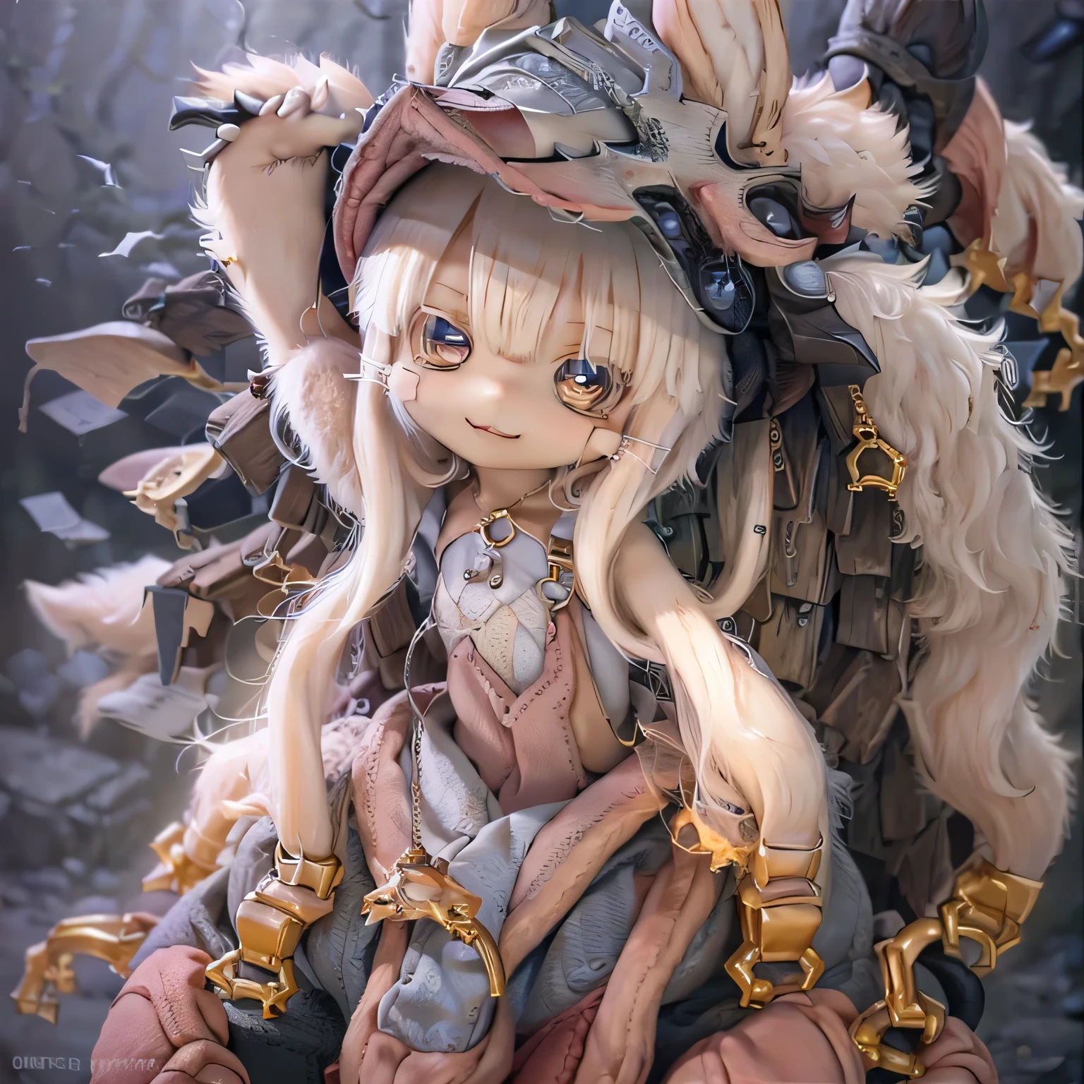 in the garden, Smiling girl, Similar to Nanachi from Made in Abyss. She is beautiful, Beautiful eyes and lips. girl (((Chibi Style,))) . The image quality is of the highest quality, Highly detailed and realistic features. The medium of this work is、Combining illustration and photorealistic rendering.. The colors are vivid、The lighting creates a warm and bright atmosphere。Casual Full Body(((((overalls)))))Contrasting 
expose one's stomach