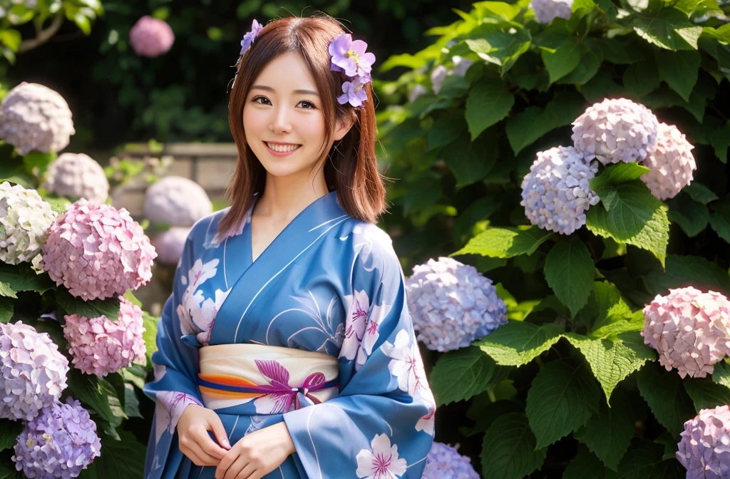 Generate a beautiful woman with chestnut hair wearing a yukata. The background features hydrangea flowers. Focus on the upper body with a smiling expression.


