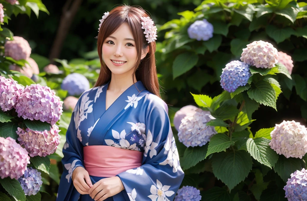 Generate a beautiful woman with chestnut hair wearing a yukata. The background features hydrangea flowers. Focus on the upper body with a smiling expression.