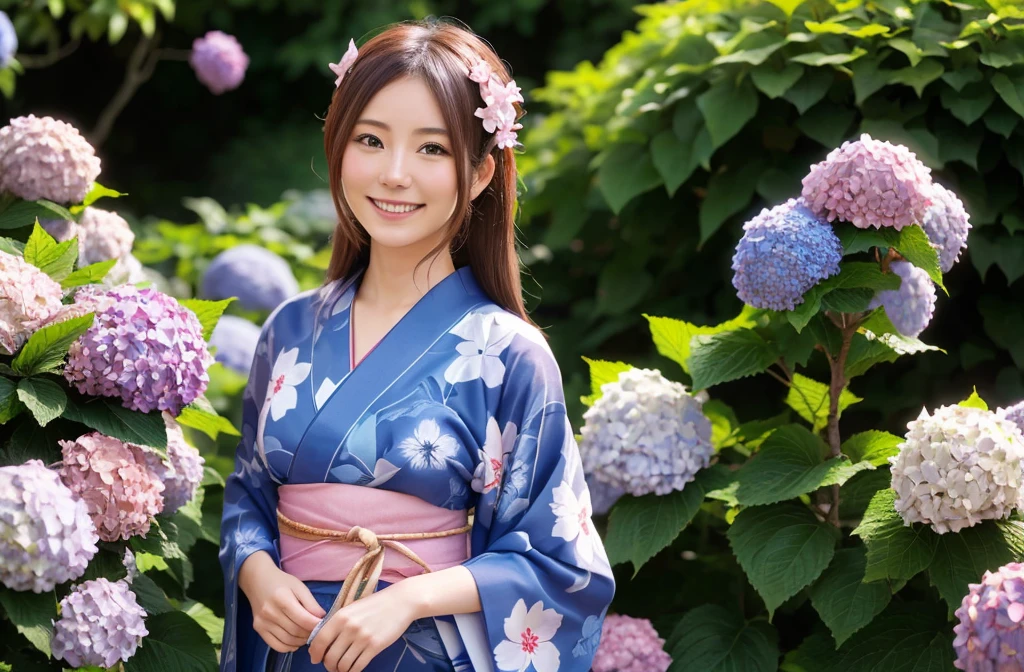 Generate a beautiful woman with chestnut hair wearing a yukata. The background features hydrangea flowers. Focus on the upper body with a smiling expression.