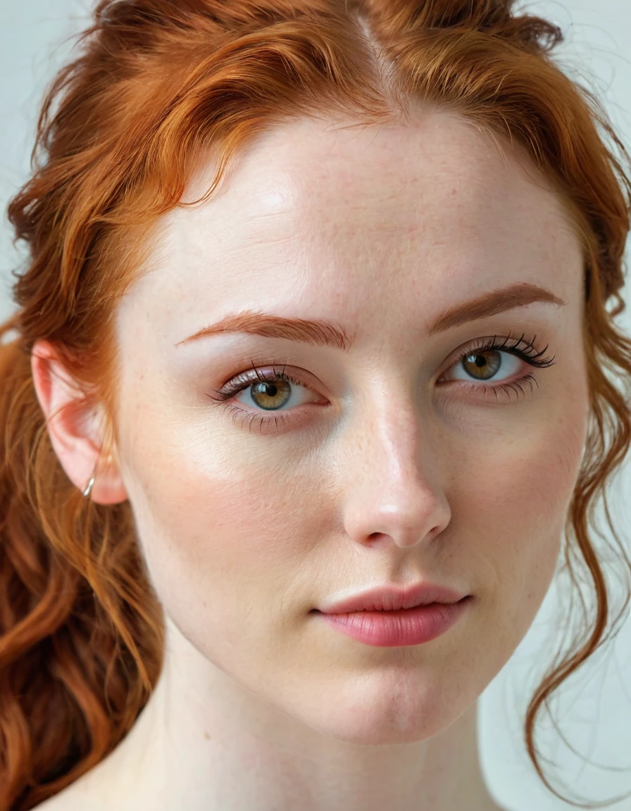 Photography full body portrait of a very beautiful realistic girl, close-up of face, porcelain skin, very light skin, very pale skin, redhead, wavy, pony tail, Detail of skin structure, hazel eyes, Slit eyes, small-nose, small nostril, think of arched eyebrows, thick lower lip, seductive glance, happy face, unique face, foto realista, Masterpiece Image, sharp image, clear daylight