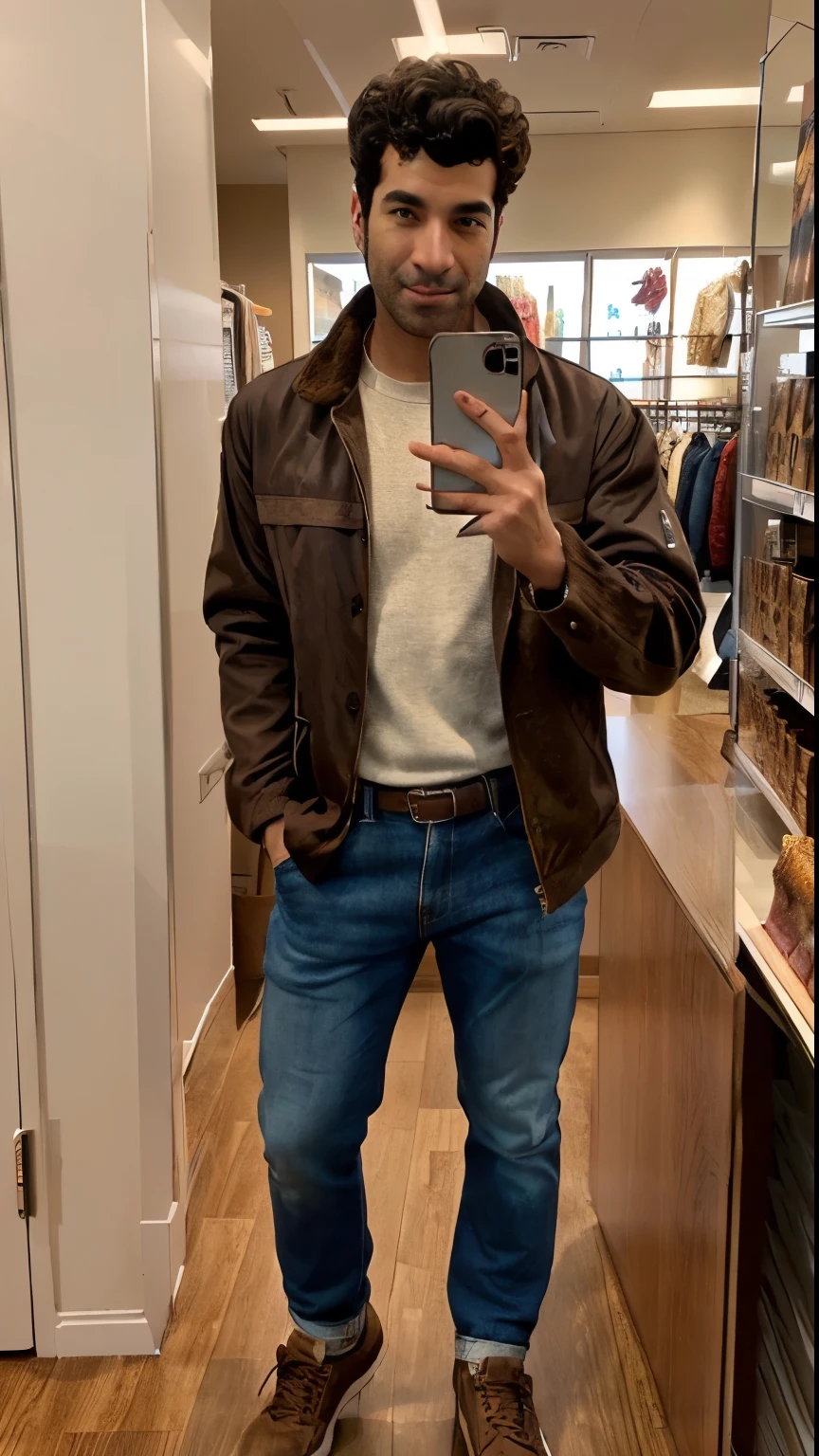 Arafed man takes a selfie in front of a mirror in a store, brown jacket, brown jacket with long sleeves, in fishing 🧥, brown clothes, wear brown, wearing jacket, jacket over bare torso, современная casual wear, wearing a jeans jackets, caramel. lasting, casual wear, 🦩🪐🐞👩🏻🦳, jacket