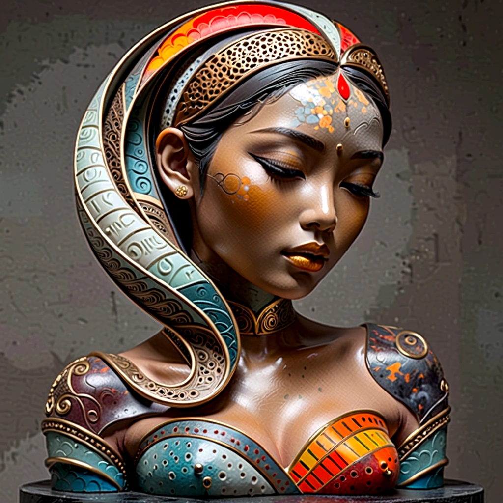 3D sculpture,young asian woman(Thai)half body,abstract art,greatly exaggerated