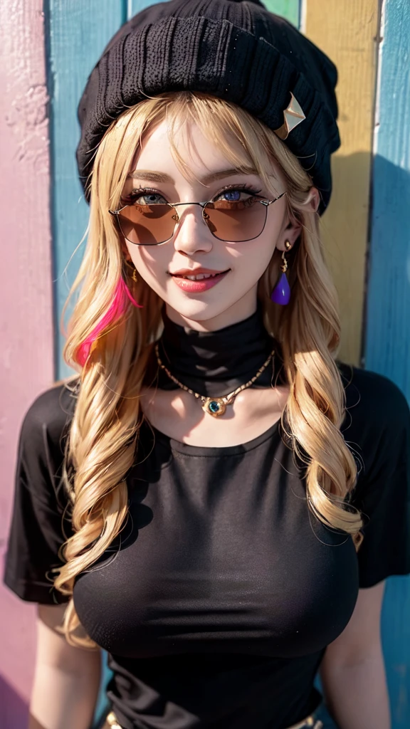 1 Girl，Sexy Mature，Long blonde hair，very long, Long Hair，blue eyes，Highly detailed face，Fine grain，Wearing a colorful brimless beanie hat，Big Breasts，Stylishly dressed，Black T-shirt，Statement Earrings、jewelry，Wear sunglasses，Full of smiles，Upper Body Shot，background：Colorful rainbow wall，nice，