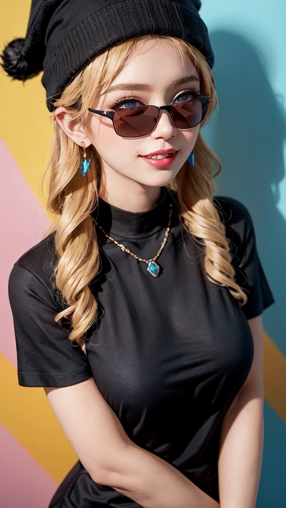 1 Girl，Sexy Mature，Long blonde hair，very long, Long Hair，blue eyes，Highly detailed face，Fine grain，Wearing a colorful brimless beanie hat，Big Breasts，Stylishly dressed，Black T-shirt，Statement Earrings、jewelry，Wear sunglasses，Full of smiles，Upper Body Shot，background：Colorful rainbow wall，nice，