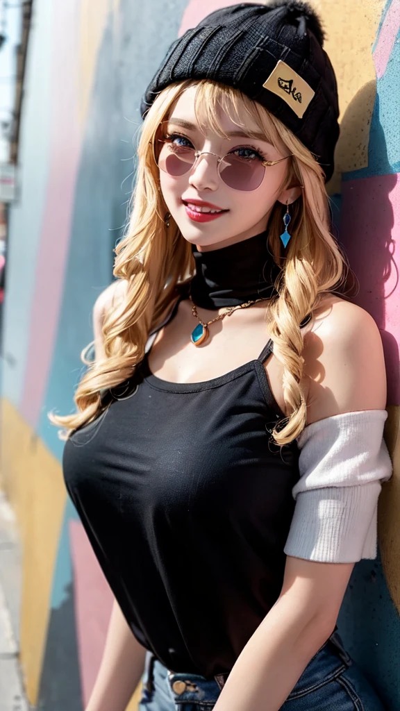 1 Girl，Sexy Mature，Long blonde hair，very long, Long Hair，blue eyes，Highly detailed face，fine grain，Wearing a colorful beanie hat，Big Breasts，Stylish clothing，Black T-shirt，Statement Earrings、jewelry，Wear sunglasses，Full of smiles，Upper Body Shot，background：Colorful rainbow wall，Nice，