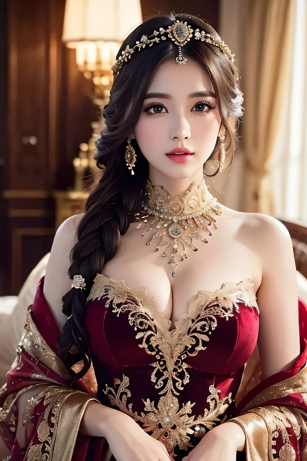 a girl in a fancy dress, beautiful detailed eyes, beautiful detailed lips, extremely detailed face, long eyelashes, elegant hairstyle, beautiful intricate dress, rich ornate design, shimmering fabric, delicate lace, intricate embroidery, luxurious velvet, dramatic lighting, warm colors, cinematic composition, photorealistic, 8k, high quality, masterpiece, digital art