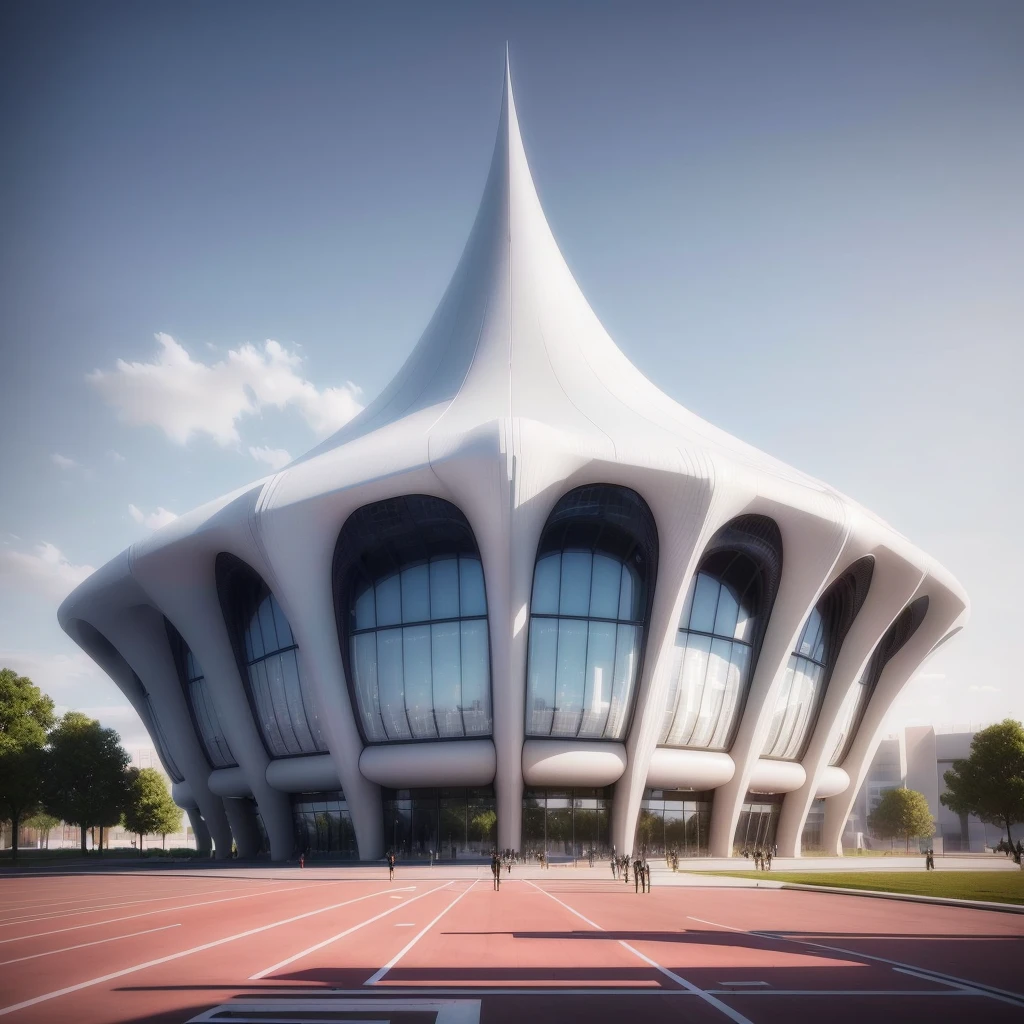 There is a white building there.,There is a big roof on top, Futuristic Church, Zaha Hadid octane highly render, Futuristic Palace, Architectural Visualization, Web portals. Zaha Hadid, Architectural Rendering, Sports Palace Amphitheater, Architectural Renderinging, Wide Angle Exterior 2022, in style of Zaha Hadid architect, Futuristic sports arena, Digital Rendering, Architectural Rendering, futuristic utopian architecture,Clean and tidy surface