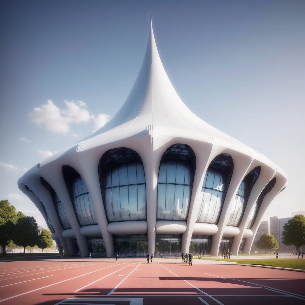 There is a white building there.,There is a big roof on top, Futuristic Church, Zaha Hadid octane highly render, Futuristic Palace, Architectural Visualization, Web portals. Zaha Hadid, Architectural Rendering, Sports Palace Amphitheater, Architectural Renderinging, Wide Angle Exterior 2022, in style of Zaha Hadid architect, Futuristic sports arena, Digital Rendering, Architectural Rendering, futuristic utopian architecture,Clean and tidy surface