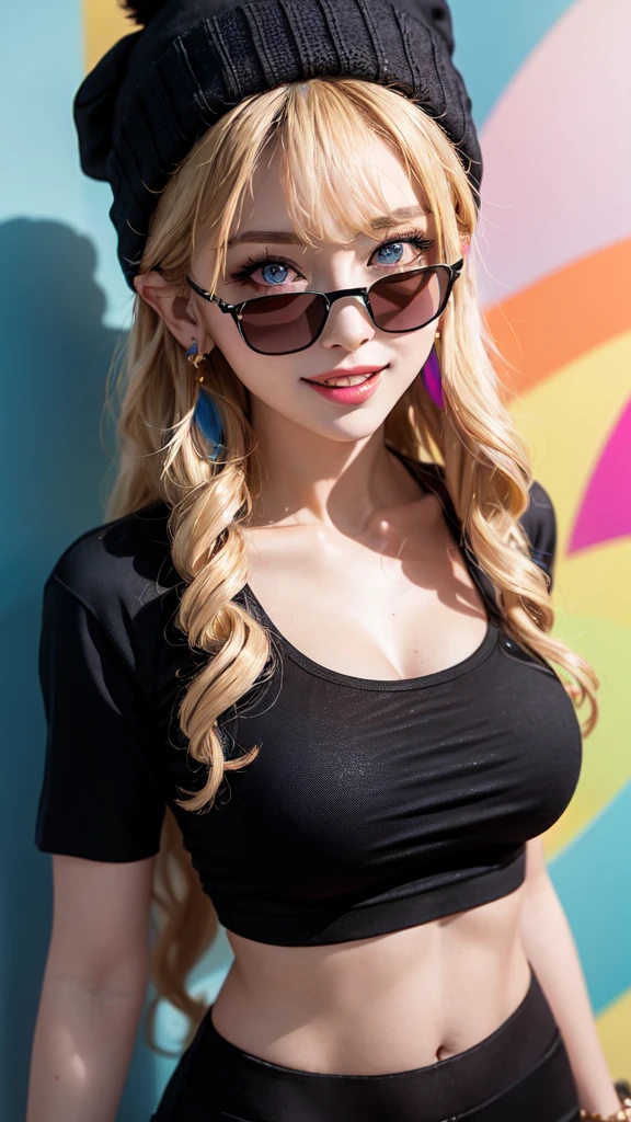 1 Girl，Sexy Mature，Long blonde hair，very long, Long Hair，blue eyes，Highly detailed face，Fine grain，Wearing a colorful brimless beanie hat，Big Breasts，Stylishly dressed，Black T-shirt，Statement Earrings、jewelry，Wear sunglasses，Full of smiles，Upper Body Shot，background：Colorful rainbow wall，nice，