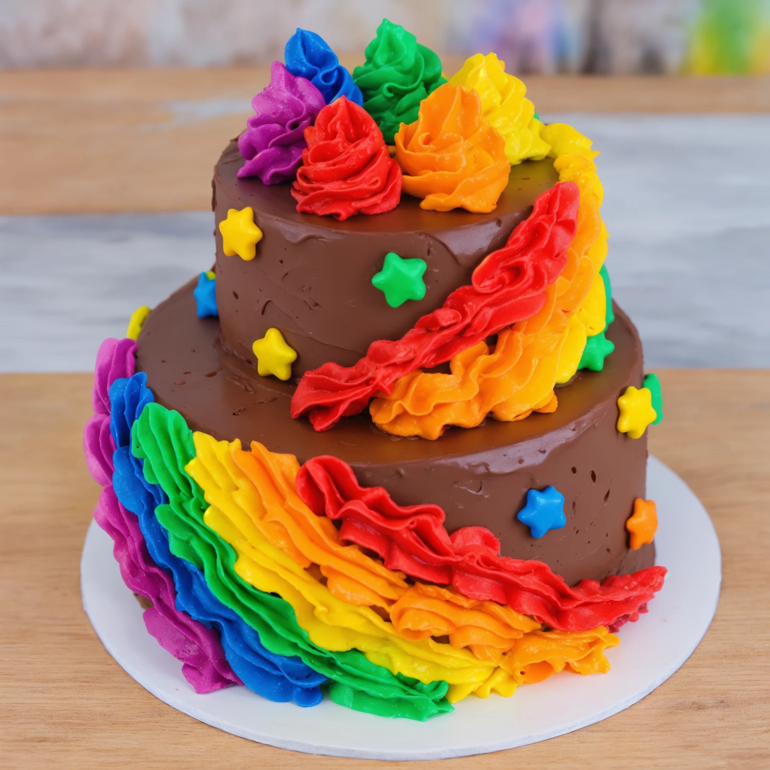 on a wooden table. there is a white plate. double tier chocolate cake, rainbow cream in the form of ruffles, decorated with rainbow stars made of polymer clay, multi-colored cream on top, against the background of the kitchen, Beautiful light from the window, Contour light, several light sources, beautiful lighting, Bright light source, bright lighting, beautiful light sources, Multiple light sources, Realistic style , realistic texture, detailed texture, A high resolution, high quality, beautiful photo of the cake, advertising photo, macro photography