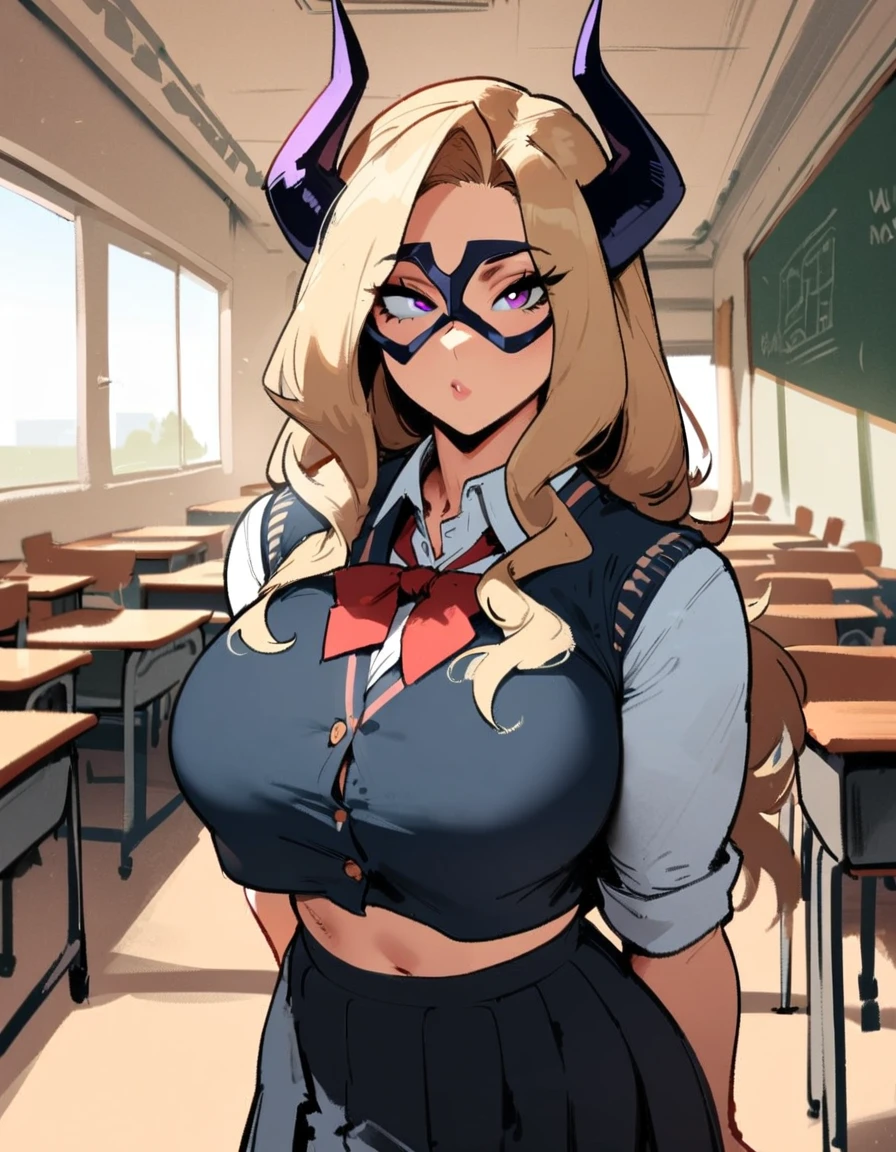 1girl, mount lady, boku no hero academia \\\\\ masterpiece, best quality, very aesthetic, absurdres, newest \\\\\\ sportive body,  \\\\\\  by dodok, nyantcha, cutesexyrobutts, by khyle ///// blonde, purple eyes,  (school uniform:1.2), skirt, at school, 24 years old, big breasts