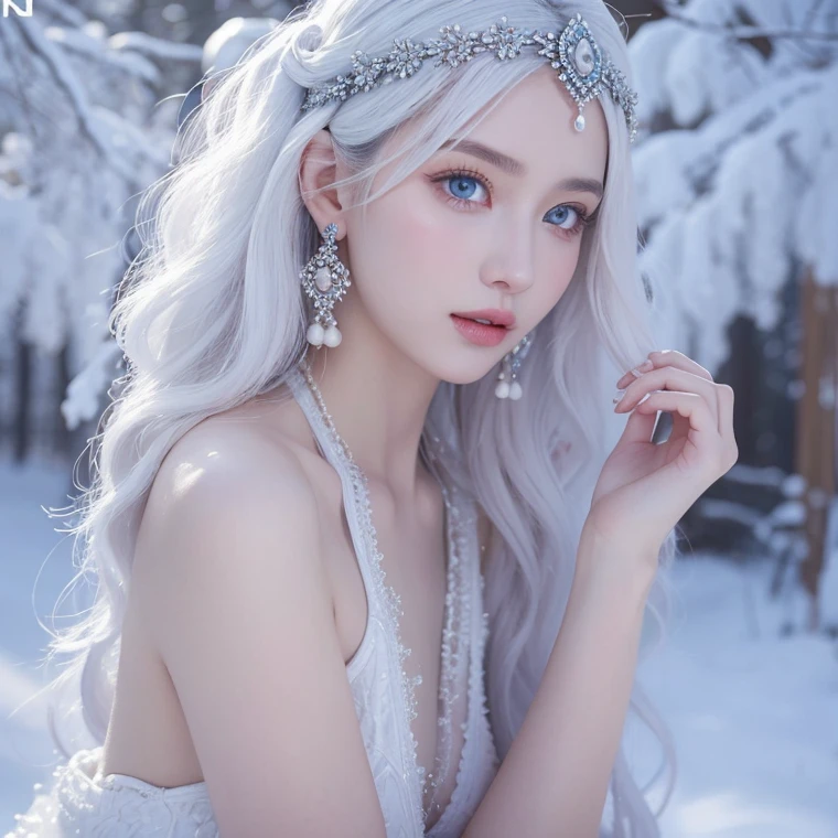 Beautiful girl, blue eyes, long curly white hair witg, detailed facial traits, beautiful earrings, national turkic female dress, naked breasts, naked nipples, yurta behind, it's snowing, sexy pose, beautiful headring with handing coins
