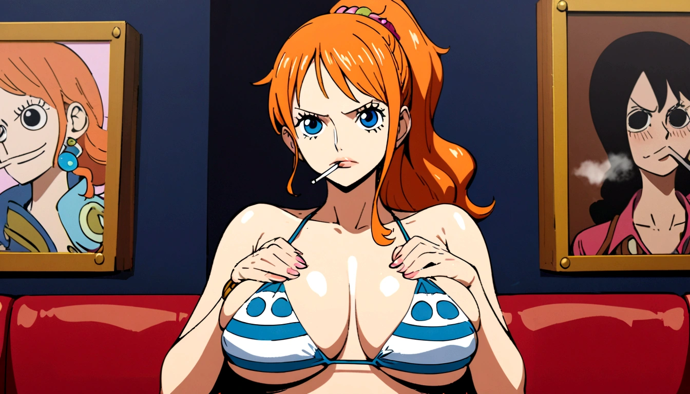 a cartoon picture of a woman in a bikini top and jeans, nami one piece, nami from one piece, nami, beautiful portrait of nami, from one piece, oppai, blue eyes, smoking, ponytail