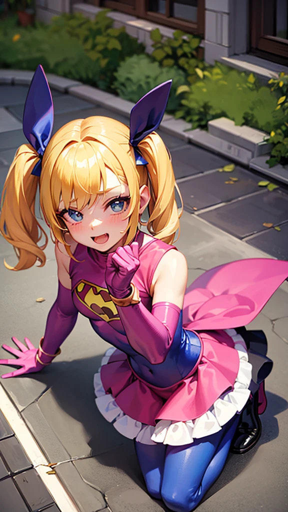 Femboy, cutesy, superhero costume, happy,kneeling on the ground,Mid-ground character