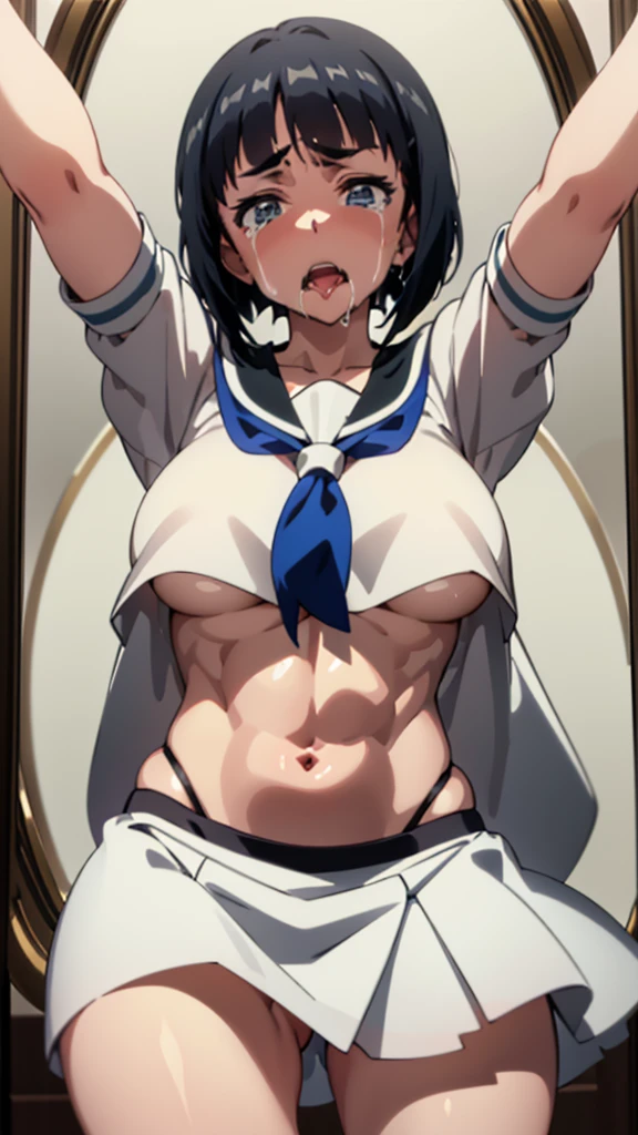8K,master piece,anime,Perfect Anatomy,Suguha Kirigaya,1female,crossed eyes,(rolling eyes),open mouth,(tongue out),(crying),short sleeved white sailor suit,underboob,((micro skirt)),pull down a skirt,short hair,(huge perky ),(panty s(Very small waist and slim body)