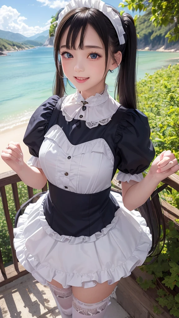 ((masterpiece)), ((highest quality、Ultra high definition)), (Very detailed),8K、Photo quality、((Amazingly cute girl)),( -yeld gi, Two people, , (Beautiful emerald blue eyes), ((smile)),In the open-air bath overlooking the sea, Beautifully arranged black hair in twin tails、whole body、((Super high-end white see-through summer gothic lolita maid costume、A super mini skirt with lots of frills))、Professional Lighting、(White lace knee-highore detailed and beautiful)、(More details and cutenesore realistic)、(((ウインクしている)))、