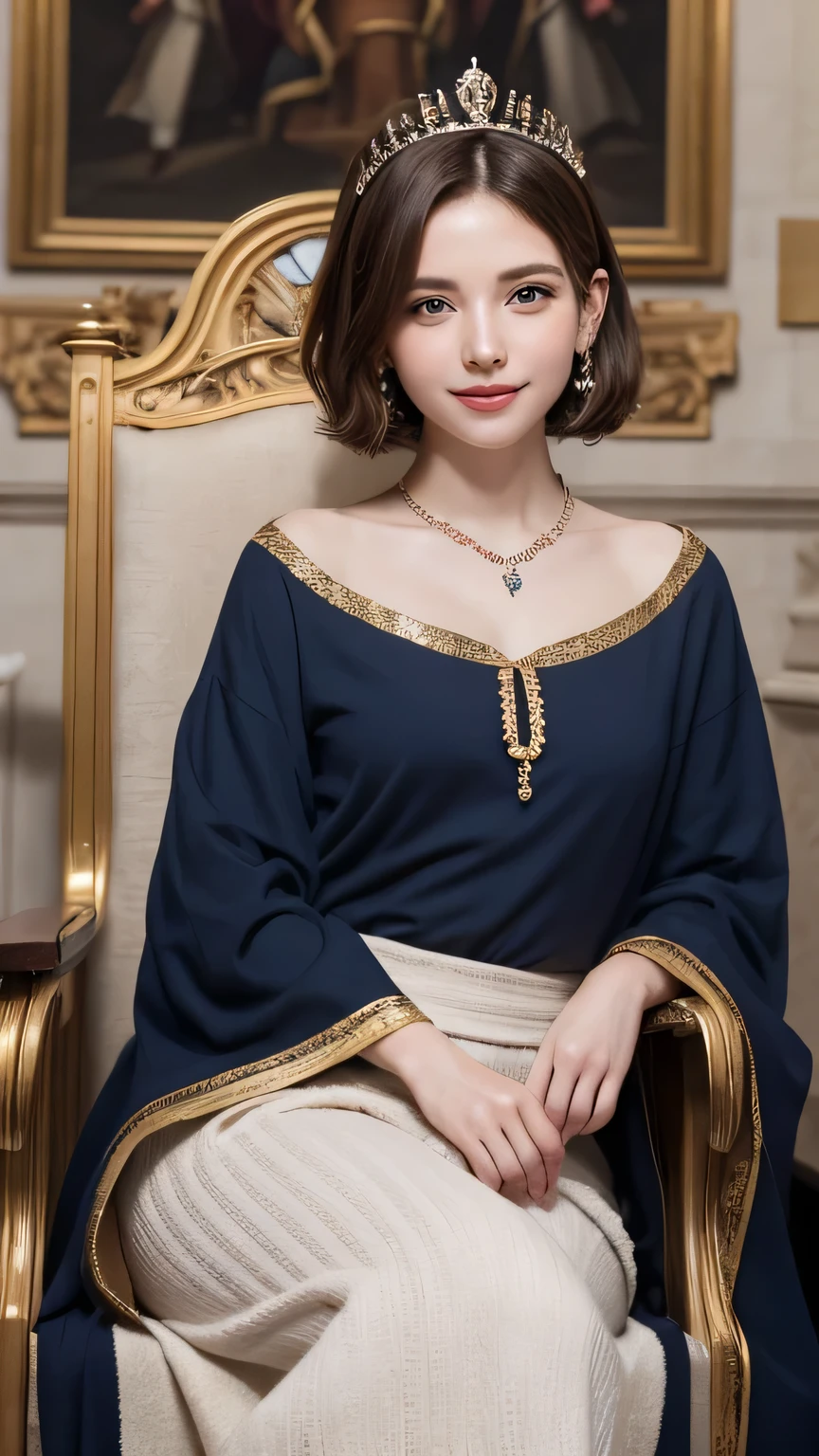 closeup shot , Best picture quality (8K, high resolution, Masterpiece: 1.2), super detailed,  215 Short Hair, 16-year-old woman, 

situation: In the throne room of a medieval European castle、A scene of the Queen receiving her vassals and foreign envoys。
clothing: Luxurious robes、crown、jewel-studded accessories。
angle:
Close-up: The Queen sits on the throne、The detailed expression of the man listening with dignity to the messengers and retainers is depicted.。
Detailed depiction: The lavish decorations of the throne room、The tapestry behind、Highlight the carpet。


, Close-up of face 

, random cute pose ,big eyes ,Puffy eyes ,  Heart Pupil, blush  , huge shy smile , salute
