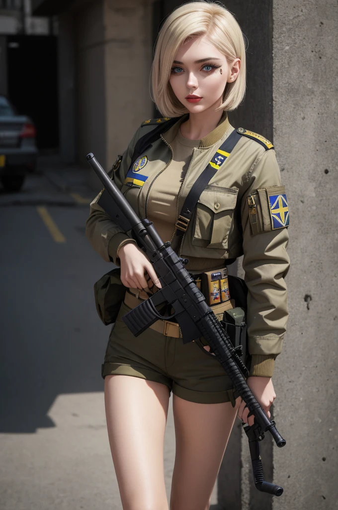 a beautiful girl, 25 years old, Ukrainian, modern make-up and hairstyle, a khaki top, a military jacket with a flag of Ukraine, short khaki color shorts, slender legs, holding a gun