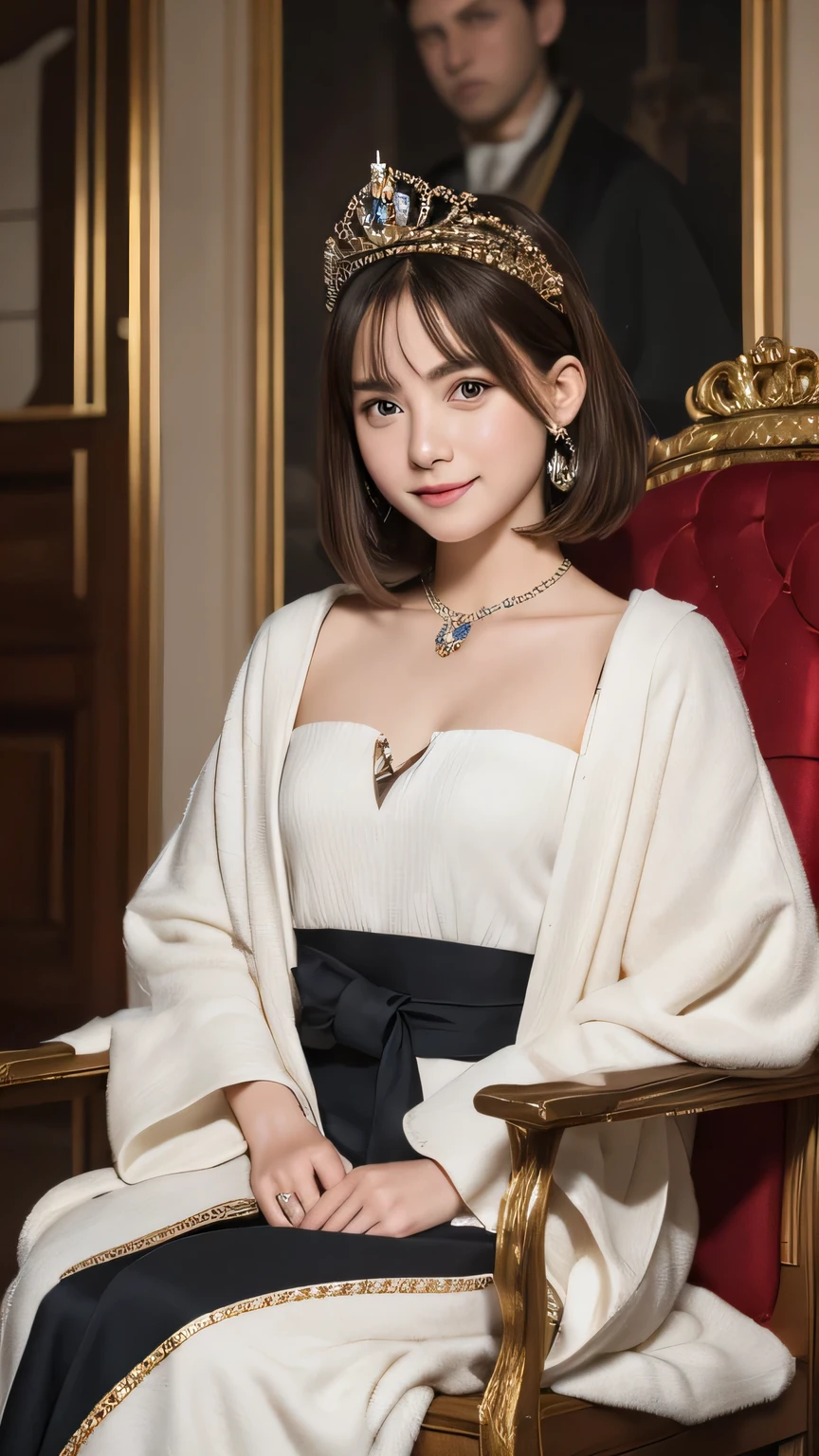 closeup shot , Best picture quality (8K, high resolution, Masterpiece: 1.2), super detailed, 215 Short Hair, 16-year-old woman,
situation: In the throne room of a medieval European castle、A scene of the Queen receiving her vassals and foreign envoys。
clothing: Luxurious robes、crown、jewel-studded accessories。
angle:
Close-up: The Queen sits on the throne、The detailed expression of the man listening with dignity to the messengers and retainers is depicted.。
Detailed depiction: The lavish decorations of the throne room、The tapestry behind、Highlight the carpet。
, Close-up of face
, random cute pose ,big eyes ,Puffy eyes , Heart Pupil, blush , huge shy smile , salute