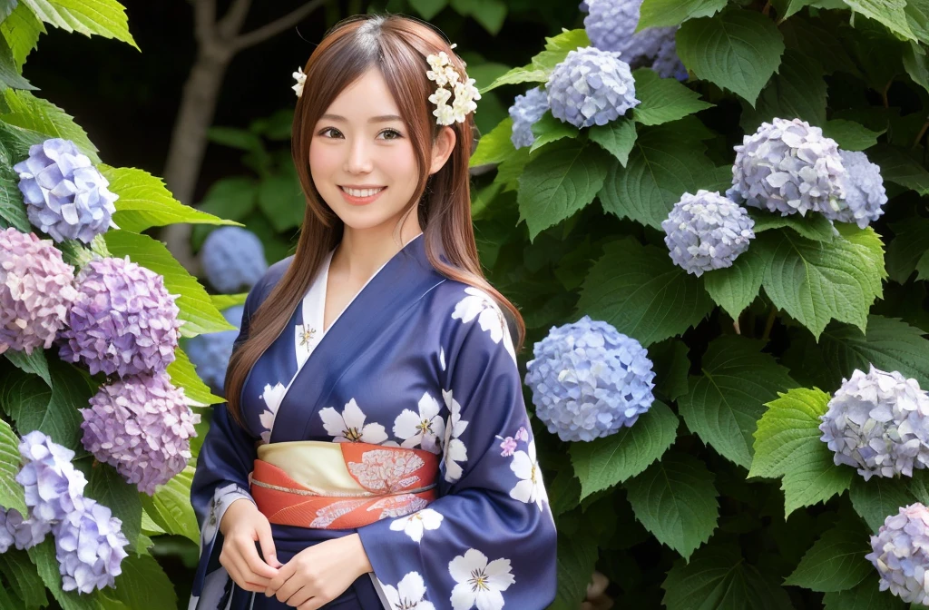 Generate a beautiful woman with chestnut hair wearing a yukata. The background features hydrangea flowers. Focus on the upper body with a smiling expression.