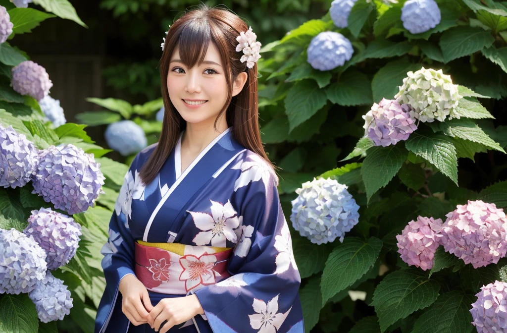 Generate a beautiful woman with chestnut hair wearing a yukata. The background features hydrangea flowers. Focus on the upper body with a smiling expression.