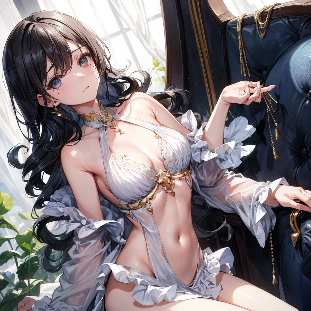 ((((absurdres, RAW photo, extremely delicate and beautiful, masterpiece, Best Quality, ultra high resolution, 32k, hyperrealistic, ultra-detailed)))), in her 20s, very Slim body, narrow waist, very small head, very small face, delicate facial features, beautiful face, beautiful eyes, very huge round tits, medium hair, black hair, wavy hair, tearful mole, earring, full body shot, off-the-shoulder cut top, sofa,