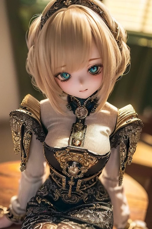 photorealistic, realistic photo, ((highest quality)), ((masterpiece)), (extremely detailed), kukolnydom, doll, (mature woman:1.6), solo, ((cowboy shot)), sitting on desk, green eyes, (looking down, blank eyes, empty eyes, detailed eyes:1.3), light smile, dress, museum, 8k