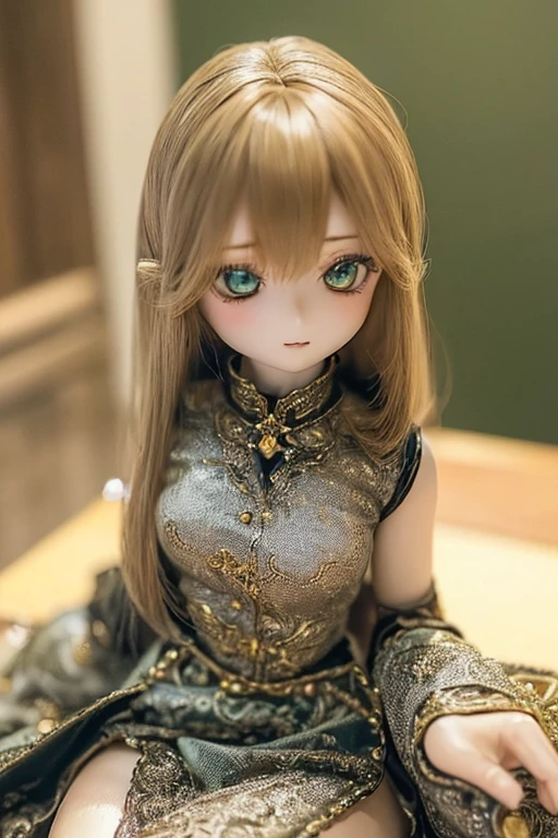 photorealistic, realistic photo, ((highest quality)), ((masterpiece)), (extremely detailed), kukolnydom, doll, (mature woman:1.6), solo, ((cowboy shot)), sitting on desk, green eyes, (looking down, blank eyes, empty eyes, detailed eyes:1.3), light smile, dress, museum, 8k
