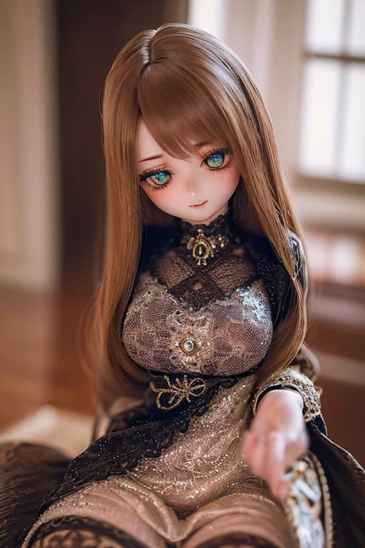 photorealistic, realistic photo, ((highest quality)), ((masterpiece)), (extremely detailed), kukolnydom, doll, (mature woman:1.6), solo, ((cowboy shot)), sitting on desk, green eyes, (looking down, blank eyes, empty eyes, detailed eyes:1.3), light smile, dress, museum, 8k