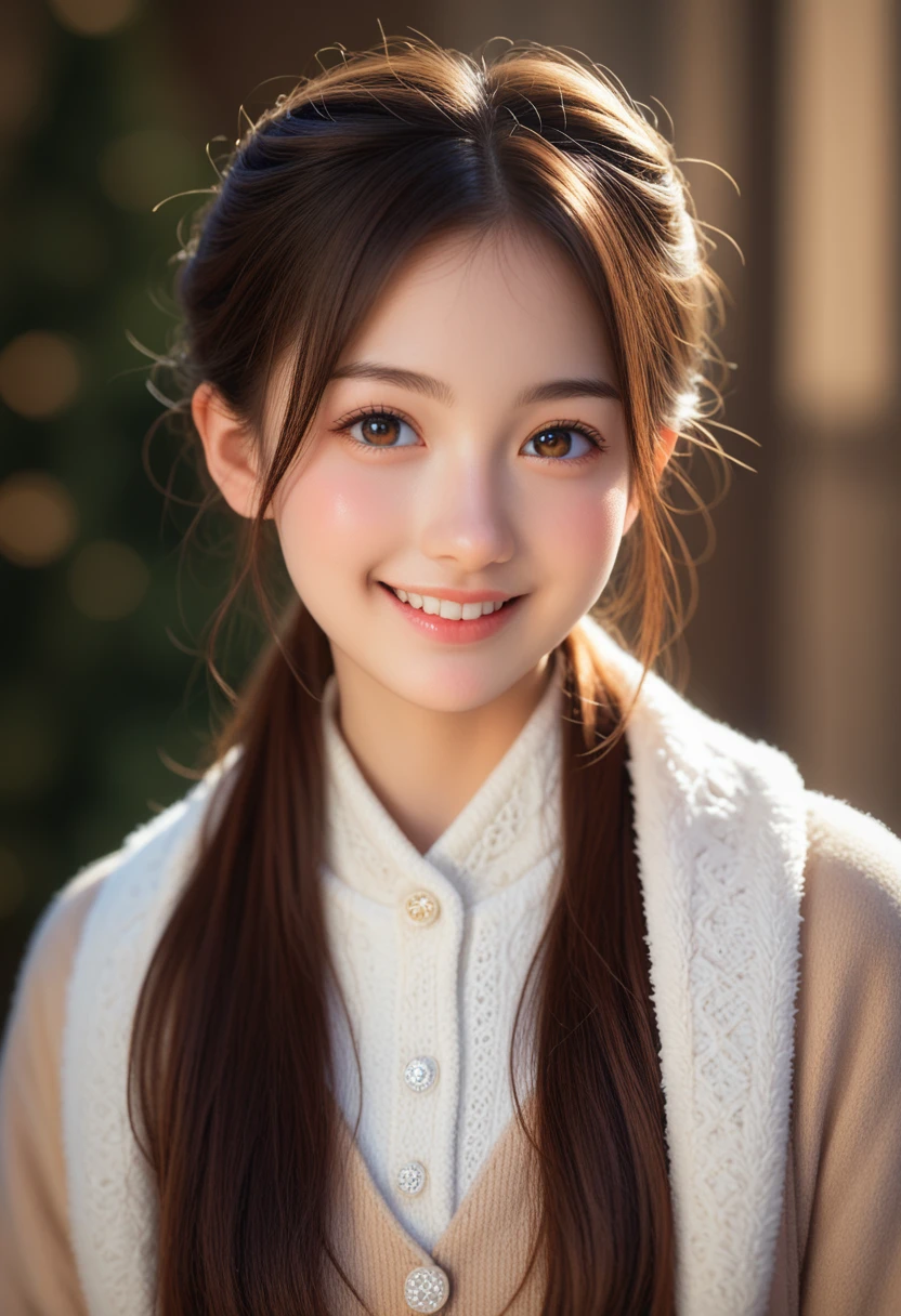 masutepiece, Best Quality, Illustration, Ultra-detailed, finely detail, hight resolution, 8K Wallpaper, Perfect dynamic composition, Beautiful detailed eyes, Trendy Women's Fashion Winter Clothes,Bun hair,Small breasts natural color lip, sexypose,Smile,Harajuku、20 years girl、Cute、is looking at the camera