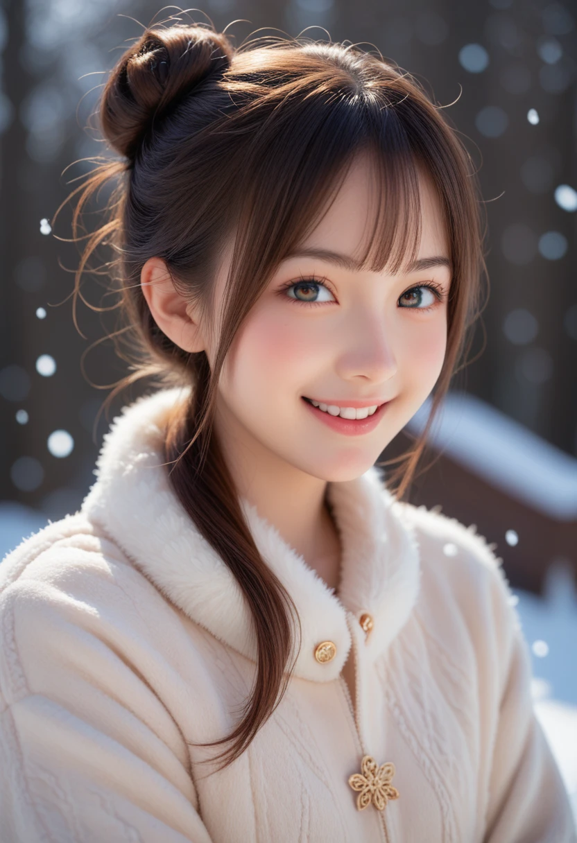 masutepiece, Best Quality, Illustration, Ultra-detailed, finely detail, hight resolution, 8K Wallpaper, Perfect dynamic composition, Beautiful detailed eyes, Trendy Women's Fashion Winter Clothes,Bun hair,Small breasts natural color lip, sexypose,Smile,Harajuku、20 years girl、Cute、is looking at the camera