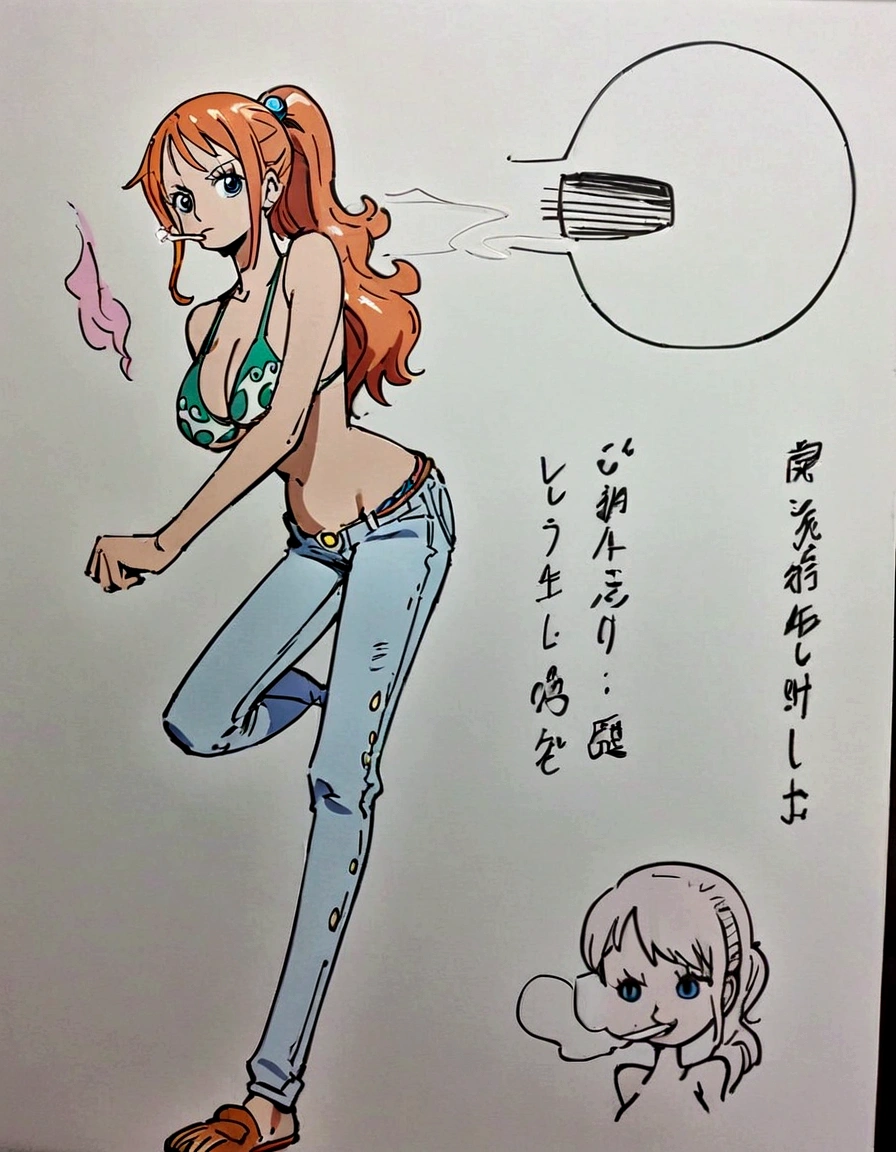 a cartoon picture of a woman in a bikini top and jeans, nami one piece, nami from one piece, nami, beautiful portrait of nami, from one piece, oppai, blue eyes, smoking, ponytail, nsfw